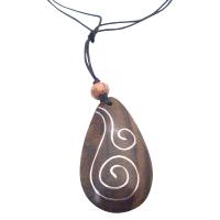 Long Necklace Wooden Bead w/ Antique Gold Pendant & Hanging Brown Bead 