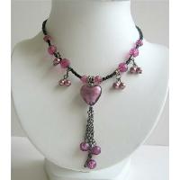 Purple Crystals Pearls Black Beaded Necklace 