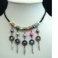 Cultured Pearls Black Knitted Thread w/ Hanging Multi Pearls Necklace 