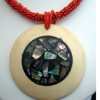 Beaded Necklace Red w/ Abalone Embossed Wooden Round Pendant Choker