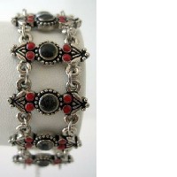 Simulated Croal Red Bead & Black Bead Stone 7 inches Oxidized Bracelet