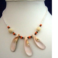 White Necklace Beaded Necklace w/ 3 Sea Shell Choker  