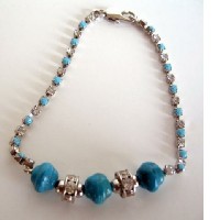 Filgree Bracelet Simulated Turquoise Stone Bead w/ Cubic Zircon Bracelet 7 Inches