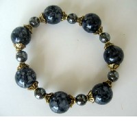 Antique Stretchable Bracelet Grey Lucite Beads Bracelet w/ Antique Gold Bead & Pearls 