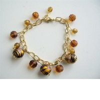 Brown Classy Beads Gold Plated Chain Simulated Millefiori Beads & Crystalslated Glass Amethyst Beads Dangling Bracelet Gold Plated 7 Inches Bracelet 