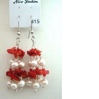 Genuine Coral Beads & Freshwater Pearls w/ Glass Beads Dangling Earrings