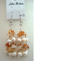 Custom Handcrafted Jewelry Genuine Carnelian Stone Chip Beads Freshwater Pearls w/ Glass Beads Earrings 