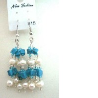 Handcrafted Custom Jewelry Genuine Turquoise Beads & Freshwater Pearls w/ Glass Beads Dangling Earrings 