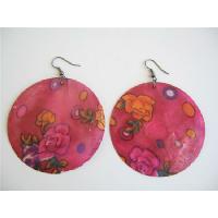 Shell Painted Earrings Round Redish Pink Shell w/ Painted Flower Earrings  