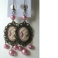 Beautiful Pink Victorian Lady Earrings w/ Simulated Pearls Dangling 