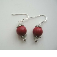 8mm Coral Bead Earrings Sterling Silver Coral Bead stone Bead w/ Daisy Spacing Dangle Earrings 