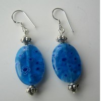 MILLEFIORI GLASS BEADS FLAT OVAL 20mm Sterling Silver 92.5 Earrings  