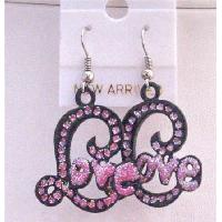 Ethnic Love Earrings Amethyst Pink Cubic Zircon w/ word Love Earrings  