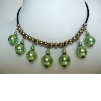 Green Cultured Pearls Choker w/ Silver Beads Necklace 