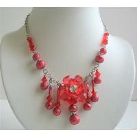 Red Beaded Choker w/ Acrylic Bead  & Dangling Beads Necklace 