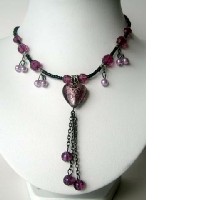 Heart Necklace Purple Beads w/ Tassel Choker Black Beaded  