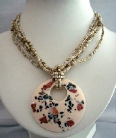 Necklace Multi Strand Cream Color w/ Mother Shell Round Resin Pendant 