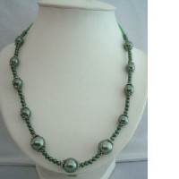 Green Simulated Pearls Long Necklace 20 w/ Bali Metal  