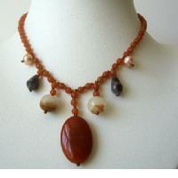 Nice Brown Lucite Bead Necklace w/ Simulated Stone Dangling  
