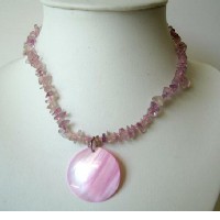 Pink Shell Necklace  w/ Shell Round Pendant & Shell Nugget