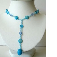 Blue Y Neck Beaded Necklace Simulated Crystals & Turquoise Beads Necklaces  