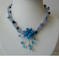 Necklace Beaded Choker w/ Turquoise Color Flower & Blue Nugget Necklace 