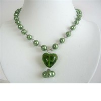 Cultured Pearls Heart Pendant Neckalce Green Pearls w/ Glass Heart Pendant Necklace 