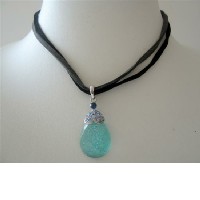 Blue Teardrop Pendant Double Strands Velvet Chord Necklace 