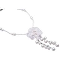 Pure White Beads Pearls Necklacce w/ Immitation Glass Flower Dangling Pearls Necklace