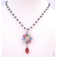 Black Pearls Chained Necklace With Multicolored Flower & Cubic Zircon At Center Dangling Teardrop Necklace