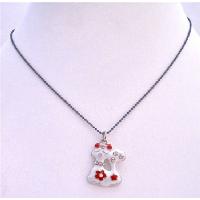 Kitty Pendant Black Beaded Choker Necklace White Enamel Very Cute Kitty Pendant w/ Red Bow On Her Head 