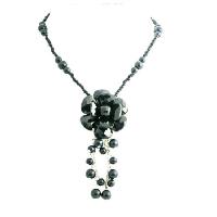 Black Flower Necklace Jet Black Glass Flower W/ Dangling Pearls Inexpensive Stylish Elegant Necklace