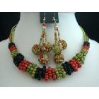 Beaded Necklace Set Multi Colored Red Green & Black Color