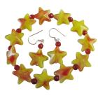 Yellow Star & Red Beads Christmas Stretchable Bracelet & Sterling Silver Earrings