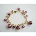 Millefiori Simulated Glass Amethyst Beads Dangling Bracelet Gold Plated 7 Inches Bracelet
