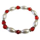 White Oval Pearl with Lite Red Glass Ball 10mm Prom Jewelry Stretchable Bracelet