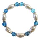 Ethnic White Oval Pearl with Aquamarine Glass Ball 10mm Bali Silver Vintage Prom Stretchable Bracelet