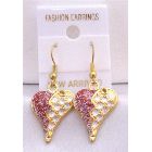 Gold Plated Puffy Heart w/ Red And White Glitter Decorated Earrings  