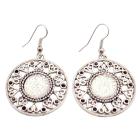 Silver Metal Round Earrings Dangle Ethnic Design Shimmered Acrylic