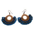 Crochet Knitted Fan Shaped Earrings Champagne Blue Color Brass Beads