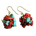 Turquoise Coral Nugget Brass Beads Brass Hook Dangling Classy Earrings