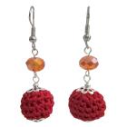 Chrismas Newyear Party Earrings In Crocheted Red Bead W/ Orange Crystal Beads