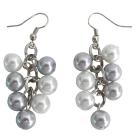 Silver Gray Pearl Earrings with White Pearl Wedding Cluster Earrings