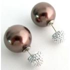 Front And Back Double Pearl Post Back Stud Earrings Brown Pearl Stud