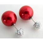 Front & Back Double Pearl Post Stud Earrings Red Pearl Pave Ball