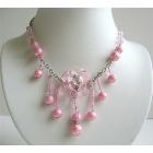 Pink Acrylic Beads Simulated Crystals Flower Pendant Dangling Necklace