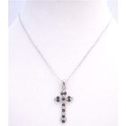 Delicate Sleek Black Cross Pendant with Black Beaks & Embedded with Diamante In Black Pearl Necklace Gift Affordabl Christmas Gift