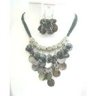 Black Mop Shell Dangling NEcklace Set w/ Synthetic Pearl Bead Threaded Necklace Sets