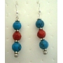 Handmade Turquoise & Coral Red Beads Handcrafted Pierced Earrings Gift