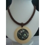 Beaded Necklace Brown w/ Abalone Embossed Wooden Round Pendant Choker